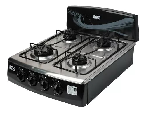 Cocineta a Gas Natural 4 Puestos Dkasa con diseño compacto, acero inoxidable y quemadores de diferentes potencias.