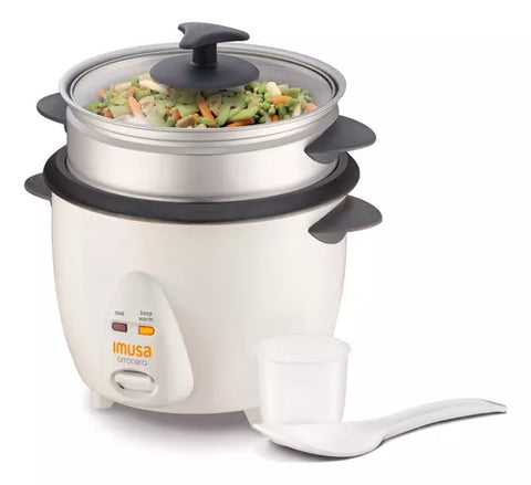 Olla Arrocera Imusa Blanca de 5 tazas con tapa de vidrio, función de arroz para sushi, apagado automático y mantenimiento de calor.