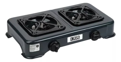 Cocineta a Gas Natural 2 Puestos Dkasa con quemadores y parrillas de acero, esmaltada y resistente.