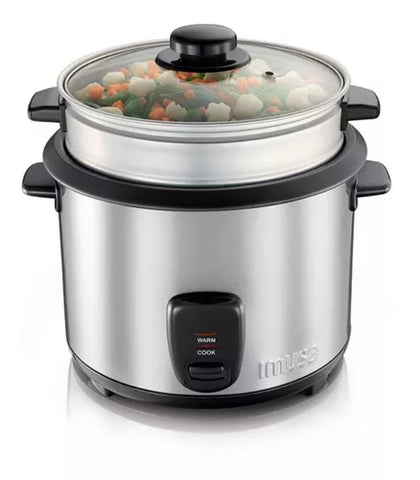 Olla Arrocera Imusa de acero inoxidable de 10 tazas con vaporera, luces indicadoras y recipiente antiadherente.