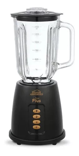 Licuadora Licua Plus de Home Elements en color negro, vaso de vidrio de 1,5 litros, 450 Watts y cuchillas de acero inoxidable.