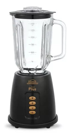 Licuadora Licua Plus de Home Elements en color negro, vaso de vidrio de 1,5 litros, 450 Watts y cuchillas de acero inoxidable.