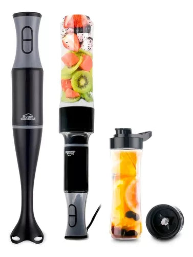 Licuadora Personal de Mano y Batidora de Inmersión Dualmix de Home Elements, color negro, con termo de 600 ml y cuchillas de acero inoxidable.