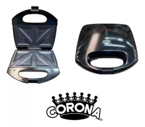 Sanduchera Corona negra de 2 puestos con placas antiadherentes y potencia de 750W para una cocción rápida y uniforme.
