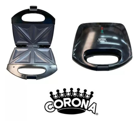 Sanduchera Corona negra de 2 puestos con placas antiadherentes y potencia de 750W para una cocción rápida y uniforme.