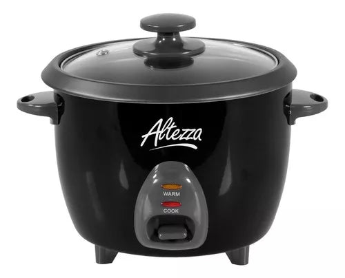 Olla arrocera Altezza negra de 1.8 L, con tapa de vidrio, sistema de cocción a vapor, apagado automático y mantenimiento de calor.