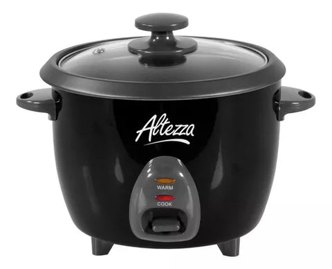 Olla arrocera Altezza negra de 1.8 L, con tapa de vidrio, sistema de cocción a vapor, apagado automático y mantenimiento de calor.