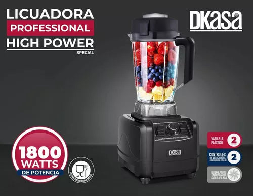 Licuadora Profesional DKASA High Power de 1800W, vaso de Tritán de 2 litros, cuchillas de acero inoxidable y control de velocidades.