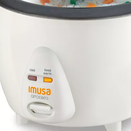 Olla Arrocera Imusa Blanca de 5 tazas con tapa de vidrio, función de arroz para sushi, apagado automático y mantenimiento de calor.