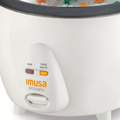 Olla Arrocera Imusa Blanca de 5 tazas con tapa de vidrio, función de arroz para sushi, apagado automático y mantenimiento de calor.