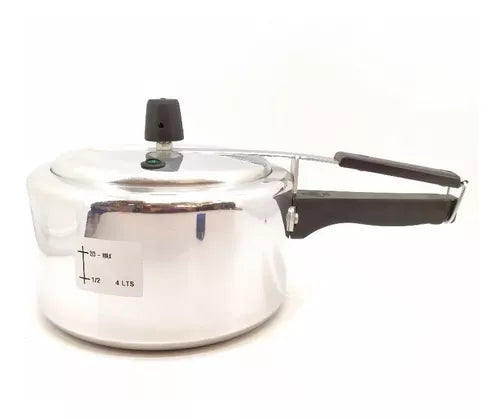 Olla a presión India de 4 litros, fabricada en aluminio puro, con sistemas de seguridad y certificación Icontec.