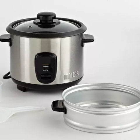 Olla Arrocera Imusa de acero inoxidable de 10 tazas con vaporera, luces indicadoras y recipiente antiadherente.