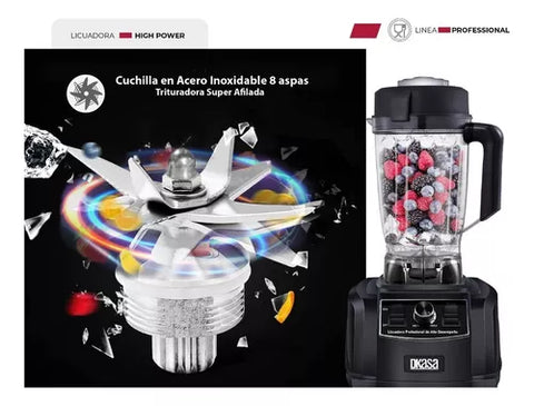 Licuadora Profesional DKASA High Power de 1800W, vaso de Tritán de 2 litros, cuchillas de acero inoxidable y control de velocidades.