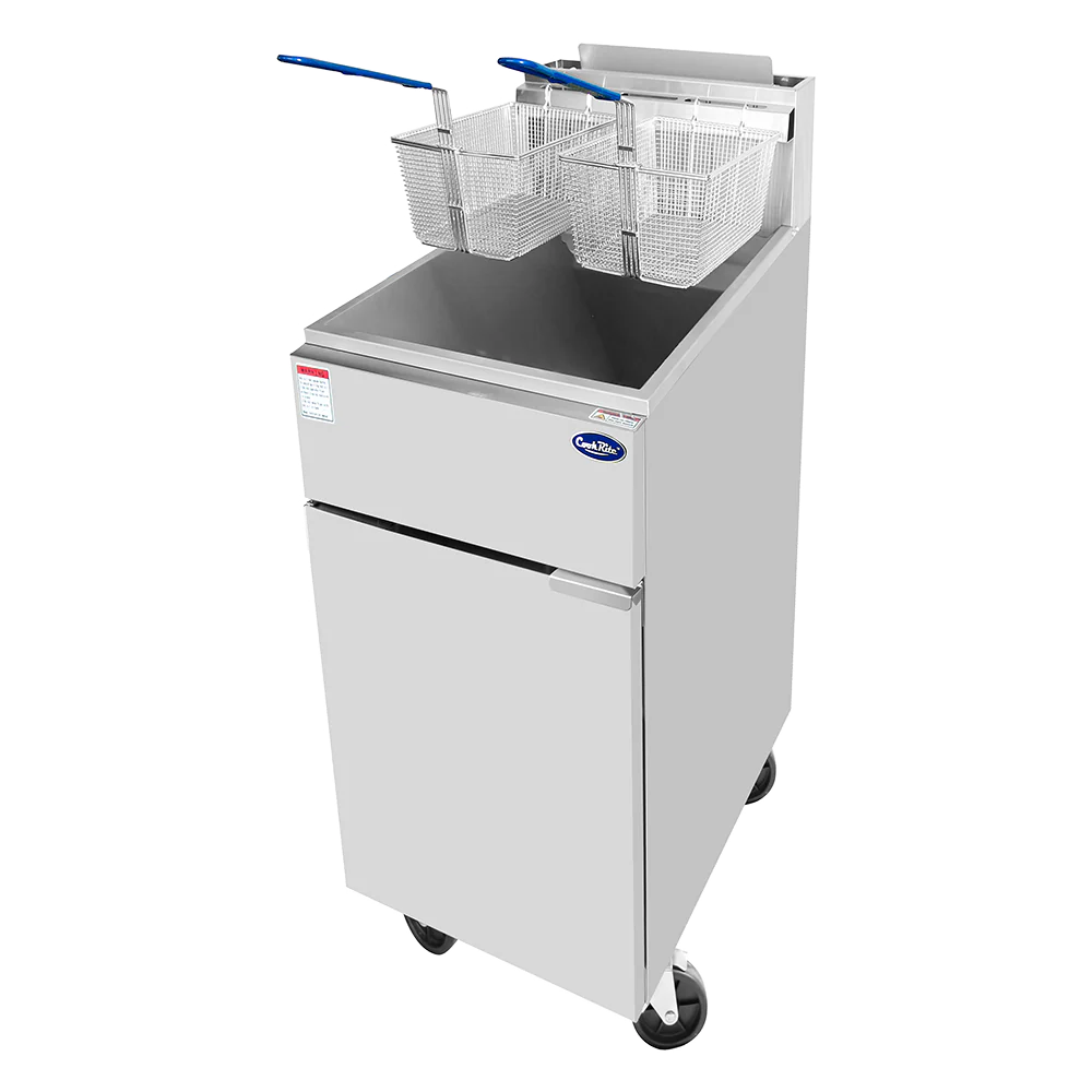 Freidora a Gas Cookrite de 26 litros, estructura en acero inoxidable, con termostato y quemadores de alta resistencia, diseñada para cocinas profesionales.