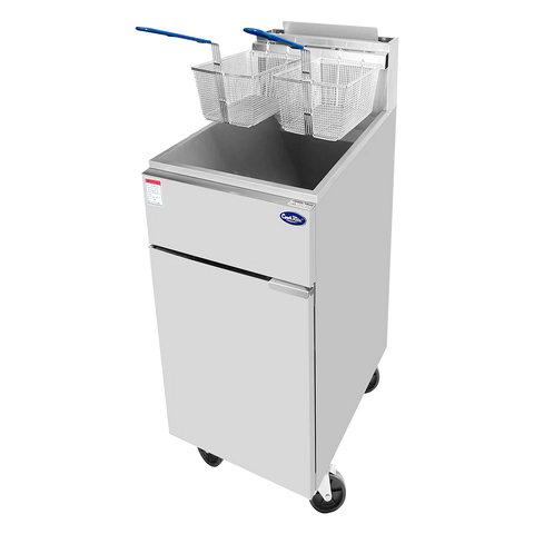 Freidora a Gas Cookrite de 26 litros, estructura en acero inoxidable, con termostato y quemadores de alta resistencia, diseñada para cocinas profesionales.