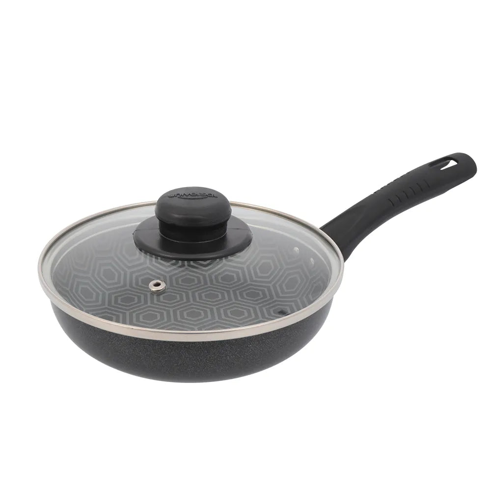 Sartén 6 Ultra de 18cm con recubrimiento antiadherente estampado y tapa de vidrio templado, ideal para cocinar de forma saludable y baja en grasa.