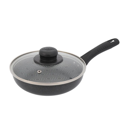 Sartén 6 Ultra de 18cm con recubrimiento antiadherente estampado y tapa de vidrio templado, ideal para cocinar de forma saludable y baja en grasa.
