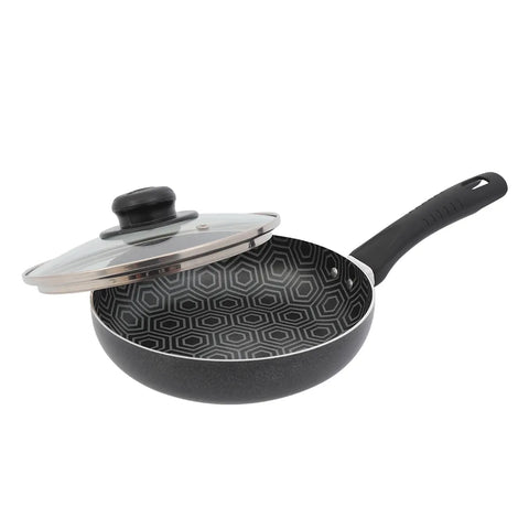 Sartén 6 Ultra de 18cm con recubrimiento antiadherente estampado y tapa de vidrio templado, ideal para cocinar de forma saludable y baja en grasa.