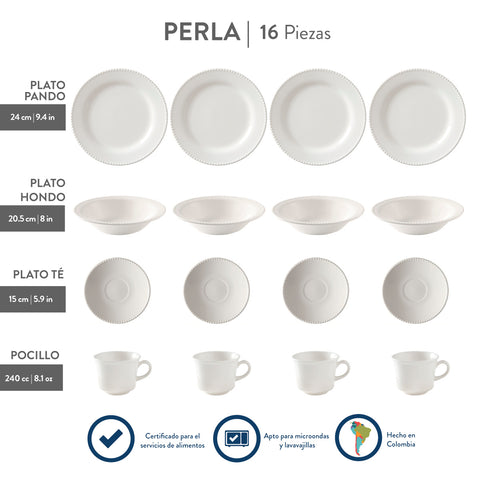 VAJILLA 4/16 PERLA BLANCO RDA