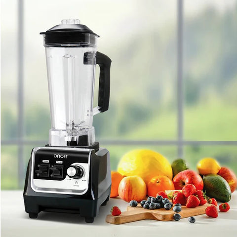 Licuadora Profesional On Off, 2 litros, 2200 W, cuchillas de acero inoxidable, diseño en color negro con carcasa ABS y rodamientos japoneses.