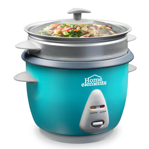 Olla Arrocera Home Elements de 1.8 litros con vaporera externa, tapa de vidrio y recipiente antiadherente, ideal para preparaciones saludables.