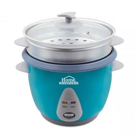Olla Arrocera Home Elements de 1.8 litros con vaporera externa, tapa de vidrio y recipiente antiadherente, ideal para preparaciones saludables.
