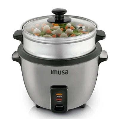 Olla Arrocera Imusa Gris de 8 tazas con recipiente antiadherente y cesta de vapor incluida.