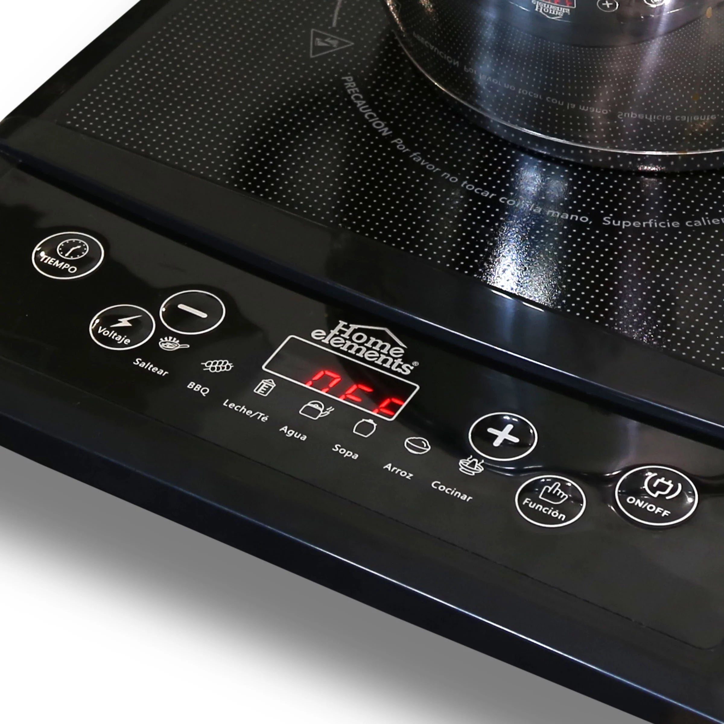 Estufa de inducción de 1 puesto Home Elements con base antideslizante, funciones preestablecidas y ajuste de temperatura de 80°C a 270°C.