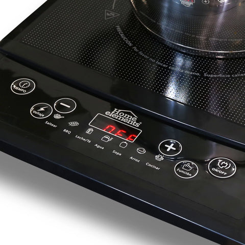 Estufa de inducción de 1 puesto Home Elements con base antideslizante, funciones preestablecidas y ajuste de temperatura de 80°C a 270°C.