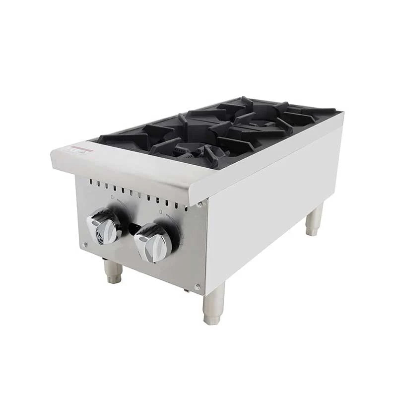 Estufa de sobreponer Cookrite de 2 puestos a gas natural, diseño en acero inoxidable con parrillas de hierro fundido.