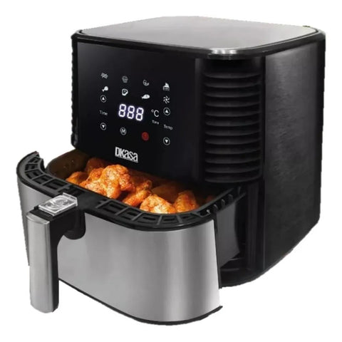 Freidora de Aire Digital Dkasa de 5 litros, con panel digital, recipiente extraíble y ventilador interno para una cocción uniforme y saludable.