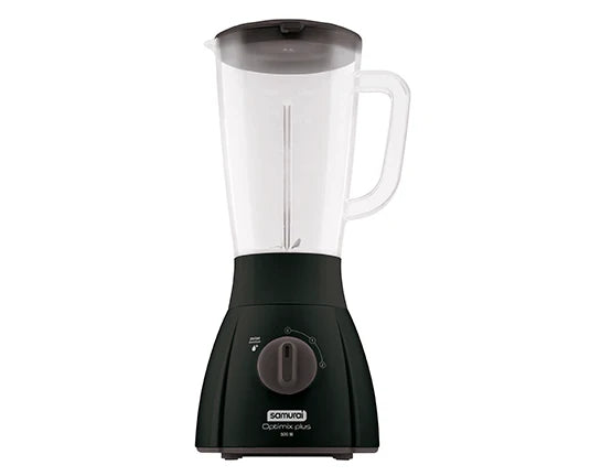 Licuadora Optimix Plus Samurai de 500 Watts con vaso de policarbonato de 1.25 litros, cuchillas de acero inoxidable.