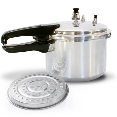 Olla a presión de 5,6 litros, cierre externo, cuerpo y tapa de aluminio, resistente al calor, apta para estufas eléctricas y a gas.
