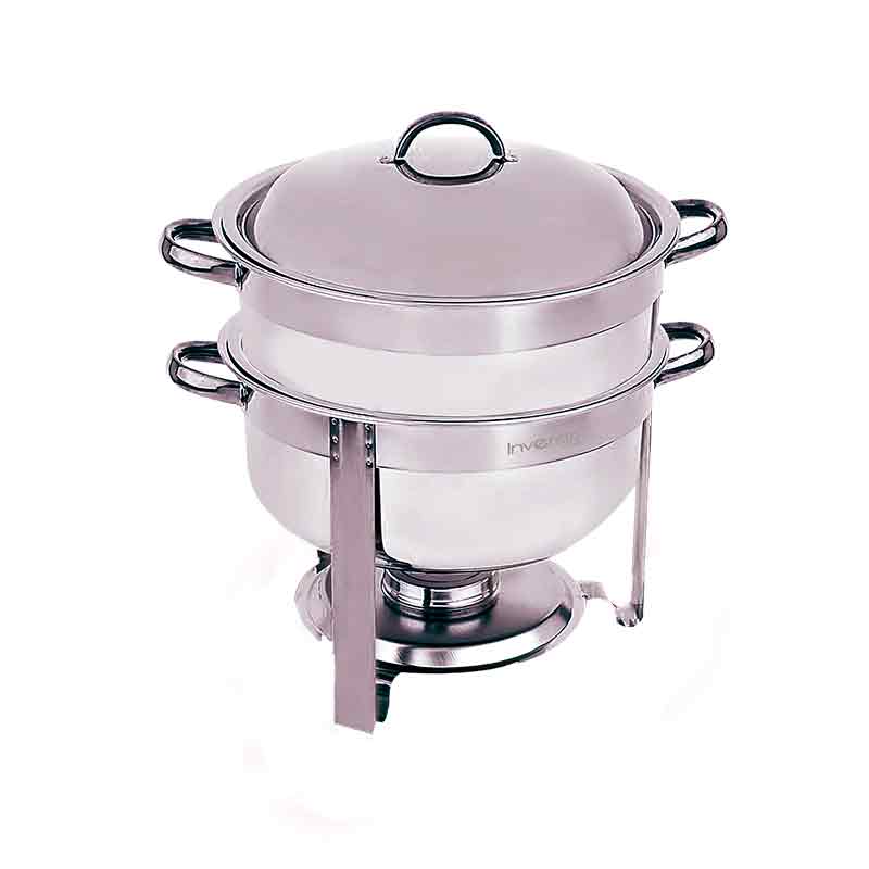 Samovar redondo de 13.5 litros en acero inoxidable con doble fondo y soportes para mechero, ideal para eventos y catering.