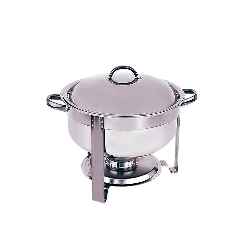 Samovar redondo de 7.5 litros en acero inoxidable con soporte para mechero, ideal para buffets y catering.