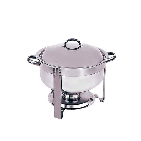 Samovar redondo de 7.5 litros en acero inoxidable con soporte para mechero, ideal para buffets y catering.